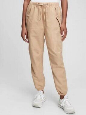 GAP Linen Pants sz Large Khaki Jogger Capsule Loose Fit Slouchy Elasitc Waist